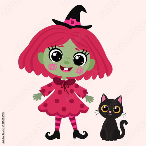 Cute Halloween wtch girl with black cat. Vector cartoon illustration.