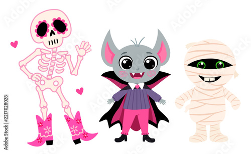 Cute Halloween monster character set with skeleton, vampire and mummy.