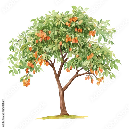 Watercolor illustration of Tamarind Tree, isolated on white background