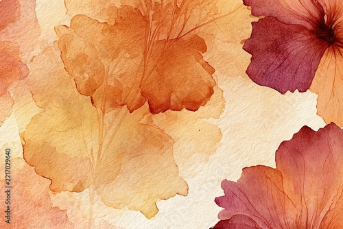 Autumn watercolor flowers in golden amber, burnt sienna, plum and ochre with translucent blooms on textured cream paper, botanical illustration background