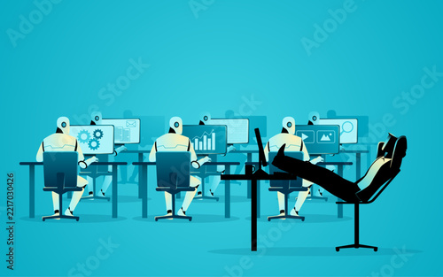 Agentic AI concept showing autonomous AI agents performing multiple business tasks while a businessman relaxes, representing AI workforce automation, productivity gains, and the future of work.