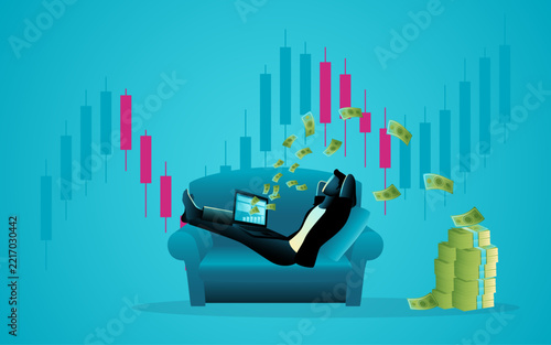 Stock market investment concept with a relaxed man monitoring financial markets on a laptop as cash flows and money stacks grow, representing ROI, passive income, financial freedom and online trading.
