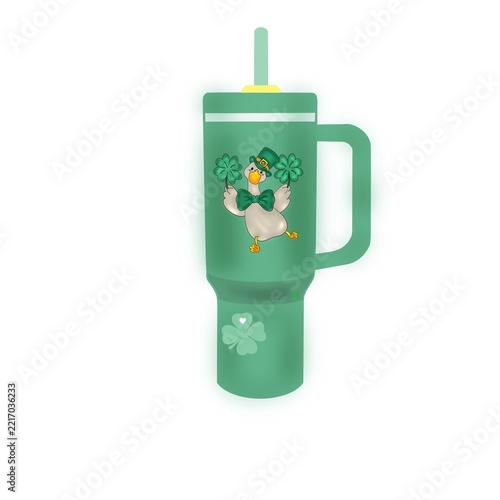cute dancing duck, clovers, water bottle, greenery, white background