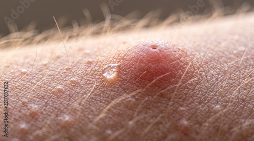 Detailed macro view of an inflamed red pimple or insect bite on human skin featuring goosebumps and fine hairs to illustrate dermatological issues and skin texture in extreme close up