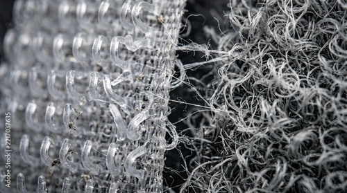 Extreme macro close up of a hook and loop fastener showing the intricate details of the clear plastic hooks and the grey fuzzy loops used for secure attachment in various industrial applications
