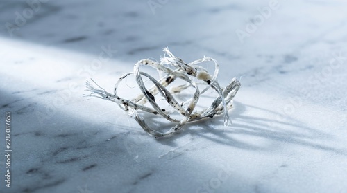 A tangled pile of thin metallic silver wire shavings rests on a polished white marble surface illuminated by soft natural sunlight creating a minimalist and abstract industrial scene