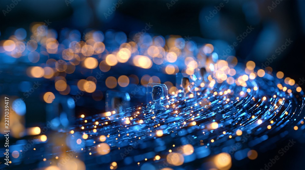 Fototapeta premium 3d render of high speed digital data streams converging into illuminated corporate user profiles on a dim blue background digital talent acquisition high speed digital data streams