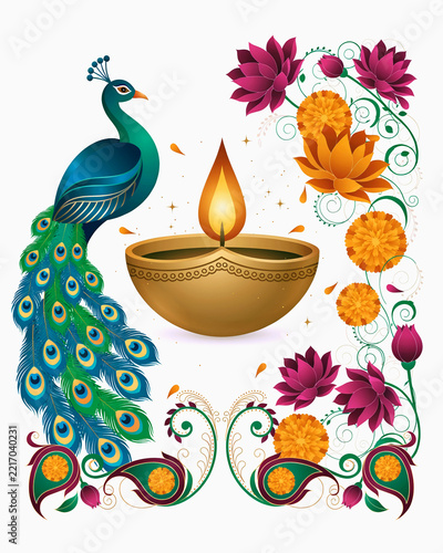 Diwali Diya Lamp with Peacock, Lotus and Marigold Flowers, Indian Festival Floral Illustration on White