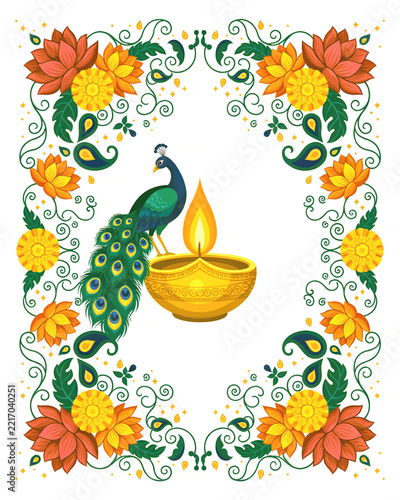 Diwali Floral Frame Border with Peacock and Diya Lamp, Marigold Lotus Paisley Ornament, Indian Festival Greeting Card