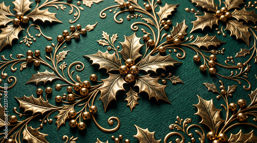 textured emerald and brass holly and berry motifs heavily embossed with intricate 3d shadows and multi layered dimension to create a premium luxurious holiday wrapping paper
