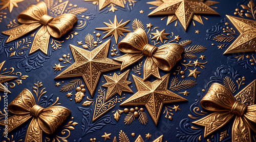 bulging embossed metallic gold and deep navy 3d festive wrapping paper featuring highly detailed textured dimensional holiday patterns of layered stars and bows with rich shadows