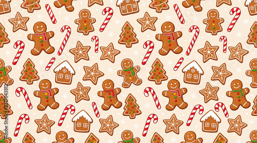 allover pattern of gingerbread cookies candy canes and snowy stars on cream background christmas holiday baking tradition dessert baking fun festive paper print textile design