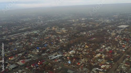 Private houses and streets of city suburbs seen from descending airplane, hazy overcast sky and leafless trees, aerial view