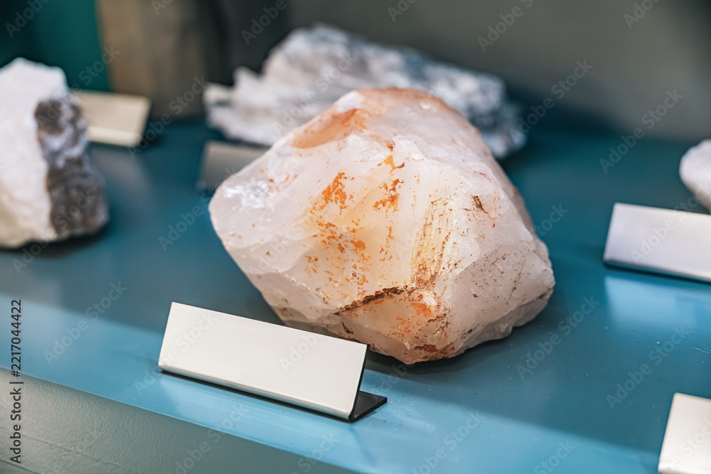 Fototapeta premium Displayed on a museum shelf, a large raw quartz specimen sits beside blank identification placards and other minerals.