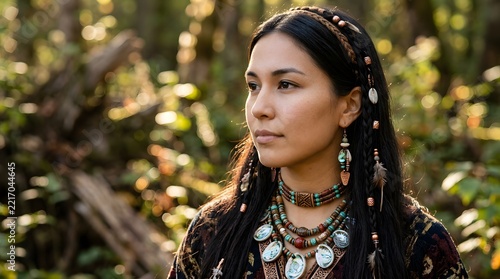 Indigenous girl with tribal jewelry looking thoughtfully in sunlit forest celebrating international day of the worlds indigenous peoples for cultural heritage concept