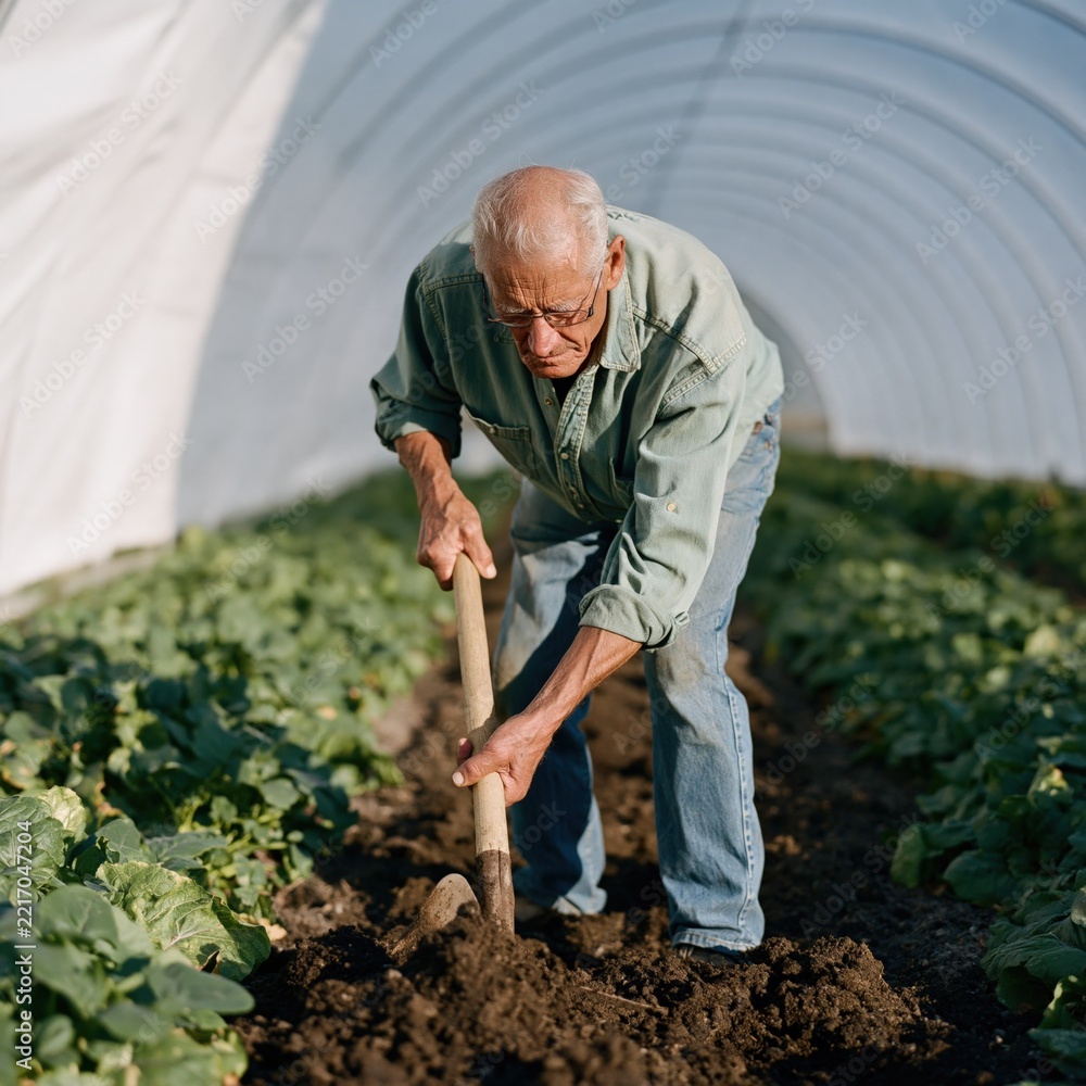 Fototapeta premium Older man hoeing soil in greenhouse rows for seasonal vegetable farm background and sustainability banner design