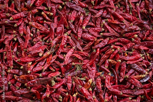 Sun-dried red chili peppers spread out in a flat-lay pattern