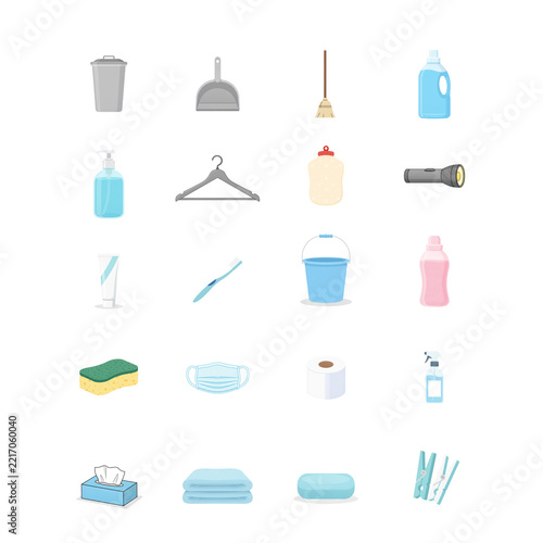 Cleaning and hygiene supplies icon set, 20 flat vector illustrations