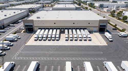 Aerial view of a distribution center with parked delivery trucks