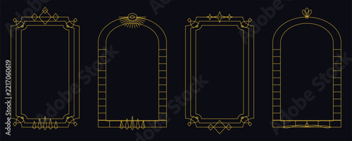 Set of four ornate deco style frames with geometric gold line patterns on a dark background, for decorative projects