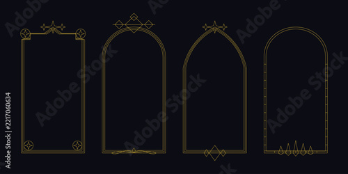 Set of four vertical frames with gold linear borders and geometric ornaments, isolated on a dark background, for luxury compositions