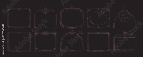 Ten assorted deco style frames with rose gold linear details and geometric shapes on a dark background, for projects