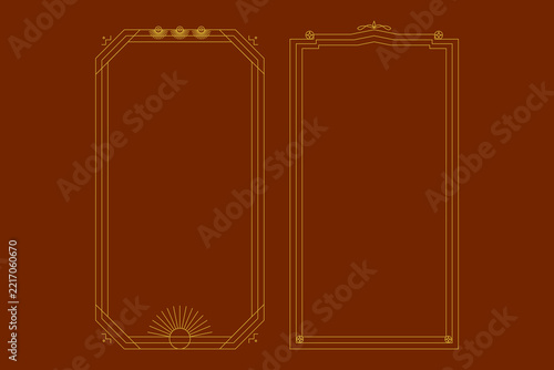 Two vertical deco style frames with gold linear details and geometric ornaments on a deep red background, for layouts