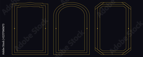 Three vertical deco style frames with gold linear details and geometric ornaments on a dark background, for layouts