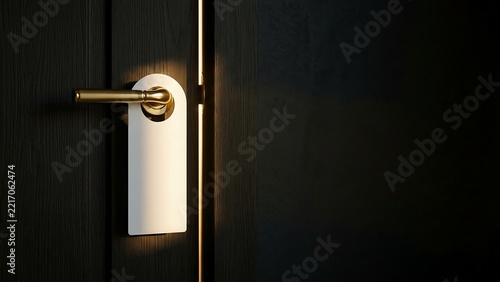 Blank white door hanger hanging on a dark wooden hotel door handle with warm light peeking through the crack, mockup for privacy notice or do not disturb sign in a luxury resort room.