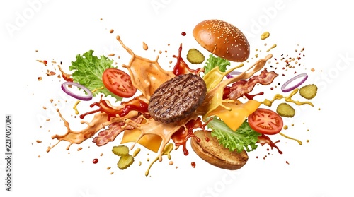 Tasty burger with french fries and fire white background