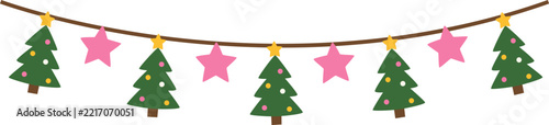 Cute Christmas hanging ornament garland with pine trees and pink stars decoration