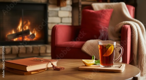 Cozy winter evening scene with a steaming cup of tea, book, and fireplace hot drink