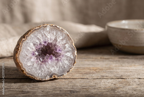 Cut geode with naturally sparkling crystals