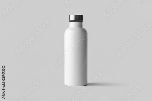 White metal water bottle with silver cap on a light gray background, metal bottle white bottle reusable bottle