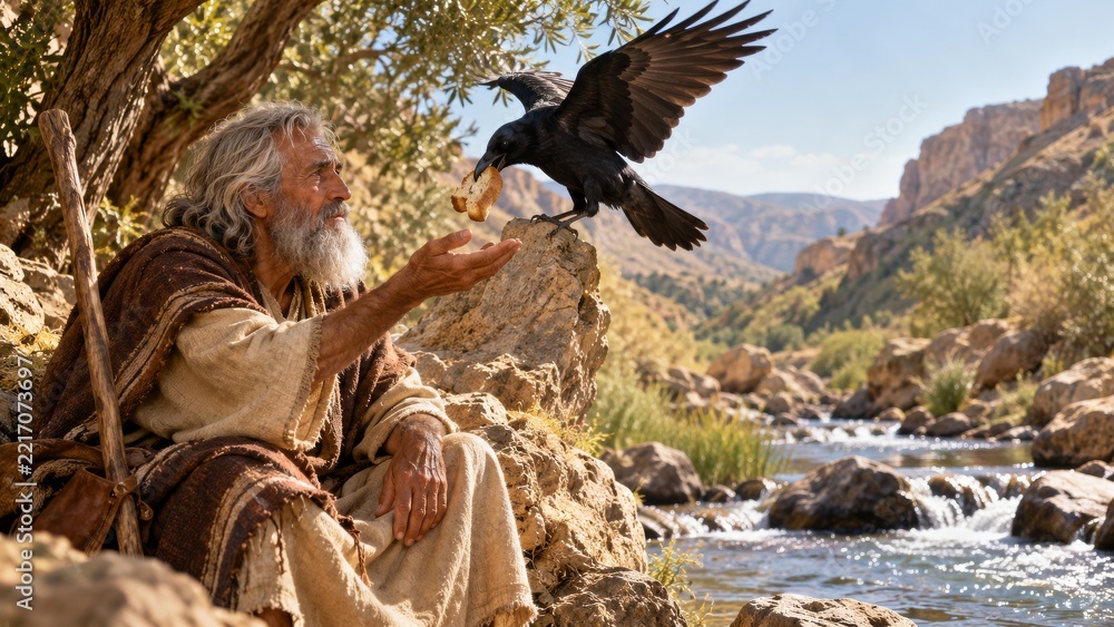 Fototapeta premium Elijah receives food from ravens beside a stream. Old Testament story of divine provision. Biblical faith and survival in the wilderness. Religious teaching and scripture illustration.