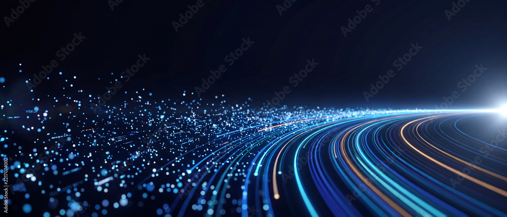 Fototapeta premium Cyan and golden light trails curving past a row of glass panels into a white glow, motion blur road at night, speed, innovation and future technology concept rendered in 3D