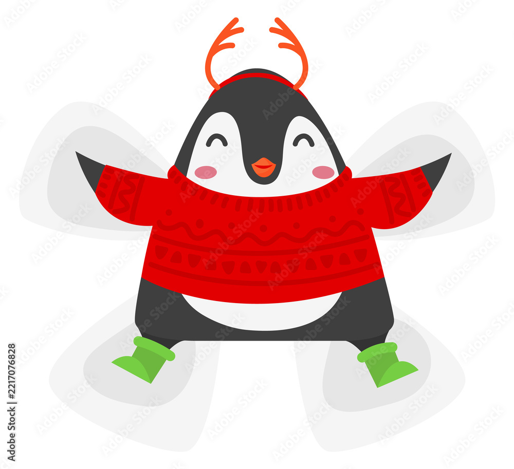 Fototapeta premium Penguin make snow angel. Winter outdoor fun