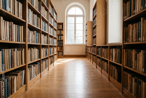 Quiet library aisle with unmarked book spines