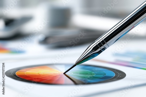 Pen pointing at vibrant circular color wheel on a desk surrounded by design papers and blurred office tools in the background