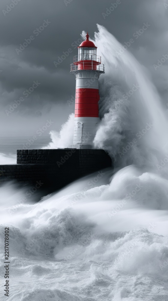 Fototapeta premium Dramatic storm waves crashing against a red and white lighthouse on a dark cloudy day by the sea creating powerful ocean spray and turbulent water motion