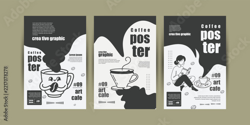 Creative coffee poster design templates with cute cup and illustration