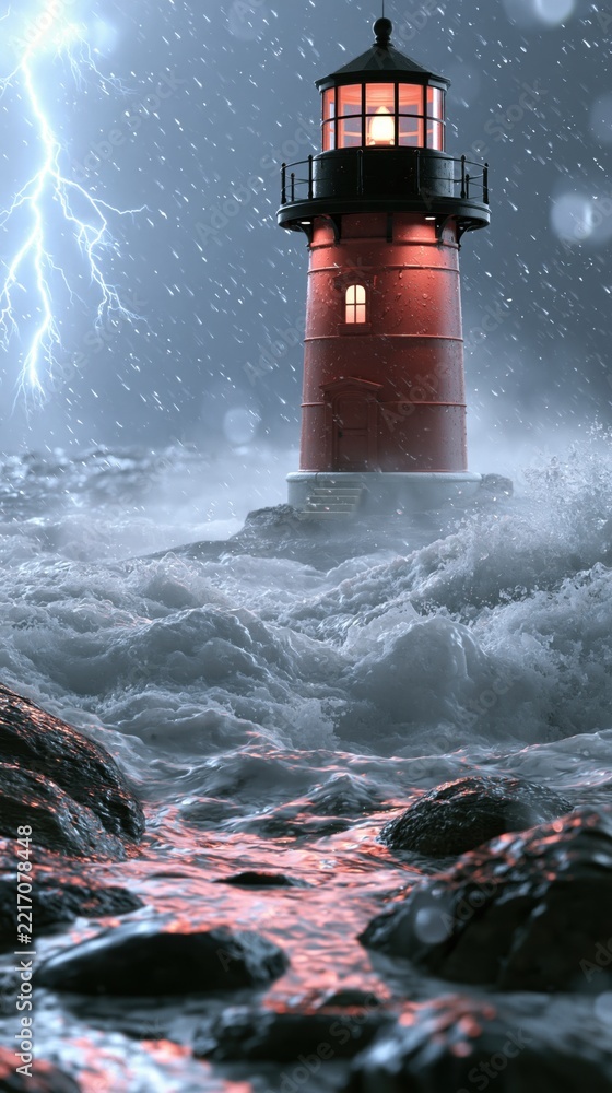 Fototapeta premium Stormy night with a glowing lighthouse standing tall amidst crashing waves and lightning illuminating the turbulent sea and rocky shore below