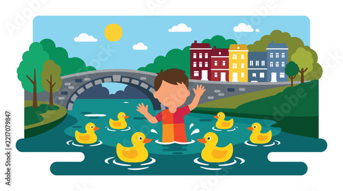 Child playing with rubber ducks in a canal flat vector illustration