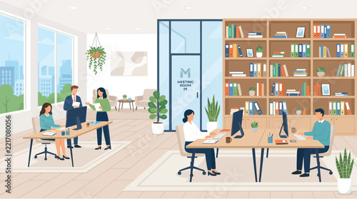 Modern office interior with employees collaborating and working at desks