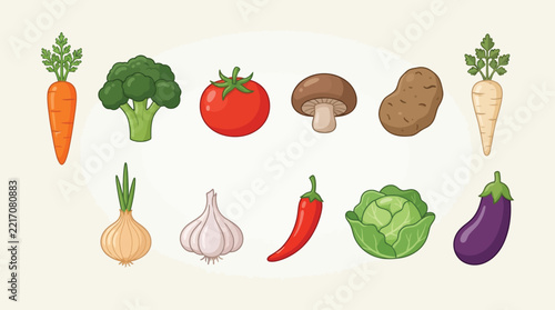 Collection of colorful vegetables in a flat vector illustration style
