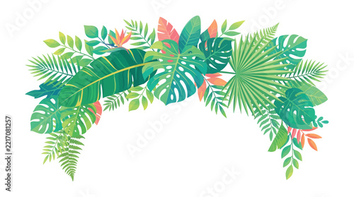 Tropical foliage arrangement features monstera leaves and palm fronds vector illustration