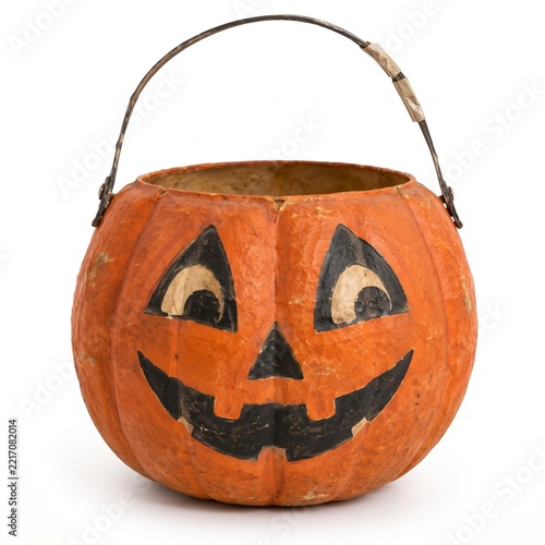 Vintage Halloween pumpkin candy bucket with jack o lantern face