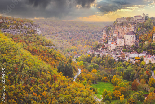 Soft focus on Pilgrimage village of Rocamadour on cliff , Midi-Pyrenees, France