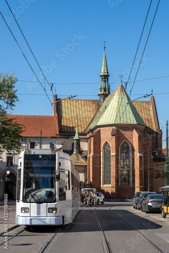 Church of St Francis of Assisi and Tram in Krakow Poland