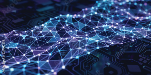 Abstract neural network mesh grid displays glowing nodes and interconnected lines forming complex artificial intelligence.